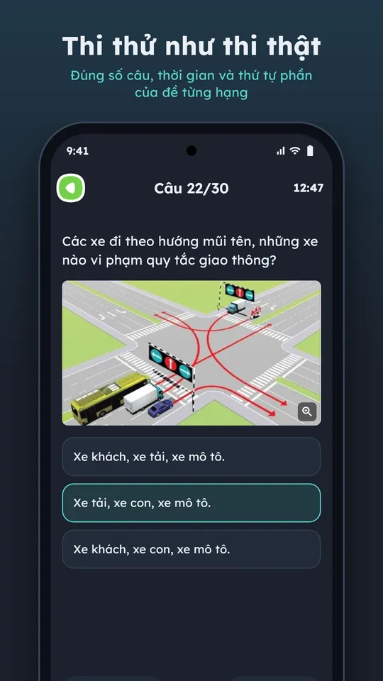 Màn thi thử trong app eGiaoThong: câu hỏi sa hình có đồng hồ đếm ngược